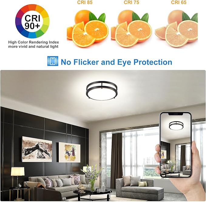 DLLT 2Pack Flush Mount LED Ceiling Light: 10 Inch 5CCT (3000K-6000K) & Dimmable Ceiling Light Fixtures for Bedroom Hallway - 18W Modern Black 1600LM Super Bright Kitchen Lighting Fixtures Ceiling