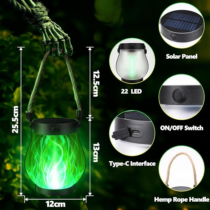 iBaycon 1 Pack Gen2 Solar Lantern Lights USB Halloween Flame Lamp, Green | Solar Garden Lights with Dual Charging USB & Solar, 2 Modes Outdoor Waterproof Hanging Lantern for Home Halloween Decor