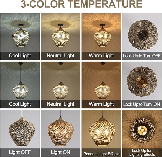 17.72" Rattan Pendant Light,Boho Hand Woven Seagrass Hanging Light Natural Grass Rattan Chandelier for Dining Living Bedroom Kitchen Island