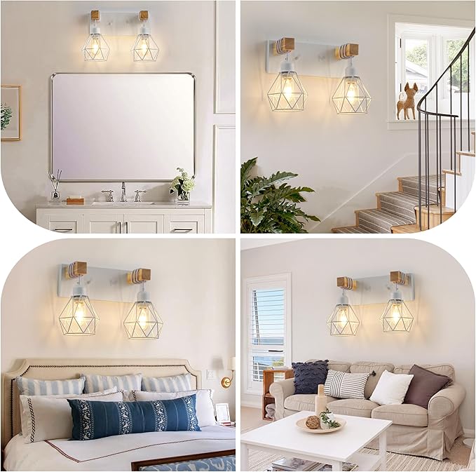 Farmhouse Vanity Light for Bathroom, 2-Light White Wood Bathroom Vanity Light Fixtures Over Mirror, Rustic Sconces Wall Lighting with Metal Lampshade for Living Room, Bedroom, Hallway