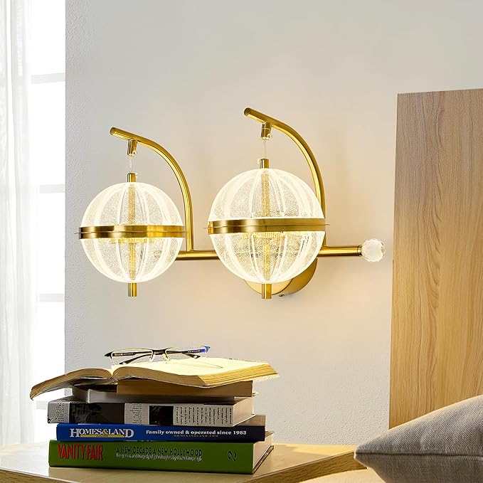 UOFUS 24W Gold Bathroom Light Fixtures Modern LED Vanity Light with Globe Acrylic LampShade 2 Lights Mid Century Wall Sconces Indoor Vanity Lights Over Mirror for Bedroom Hallway Entryway