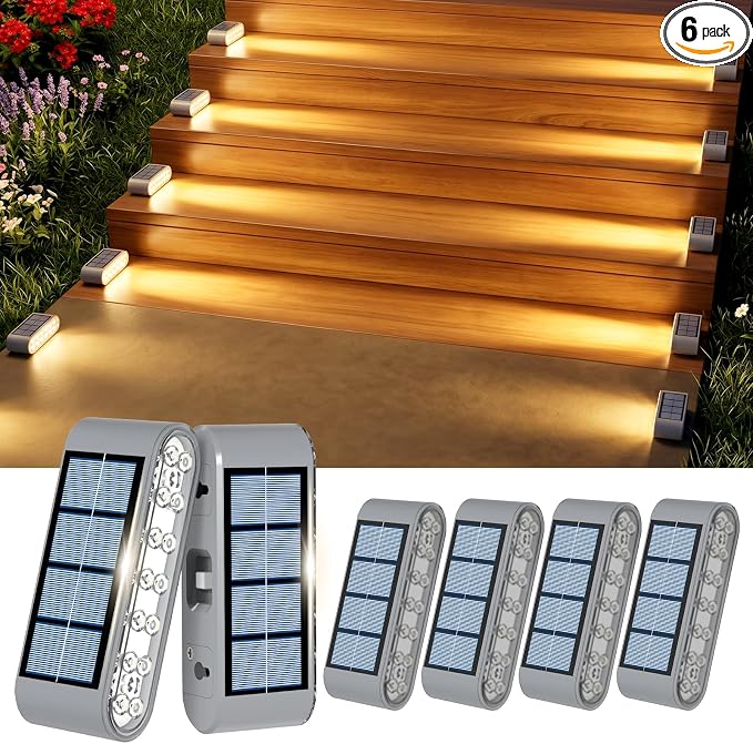 Solar Step Lights for Outside, 6-Pack Stair Light Outdoor Waterproof IP67, 14 LED Warm White Light Solar Powered Lighting for Steps, Stairs, Deck，Patio, Walkway, Front Porch Decor