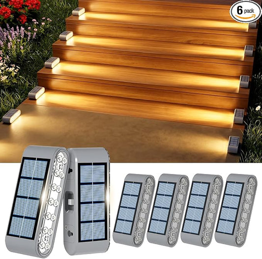 Solar Step Lights for Outside, 6-Pack Stair Light Outdoor Waterproof IP67, 14 LED Warm White Light Solar Powered Lighting for Steps, Stairs, Deck，Patio, Walkway, Front Porch Decor