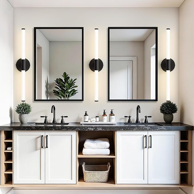 Dimmable LED Bathroom Vanity Lights 360° Full Lighting Bathroom Light Fixtures Over Mirror Vanity Light Bar Modern Wall Sconce 4000K Natural White Light for Home Hardwired, Black, 24 inch