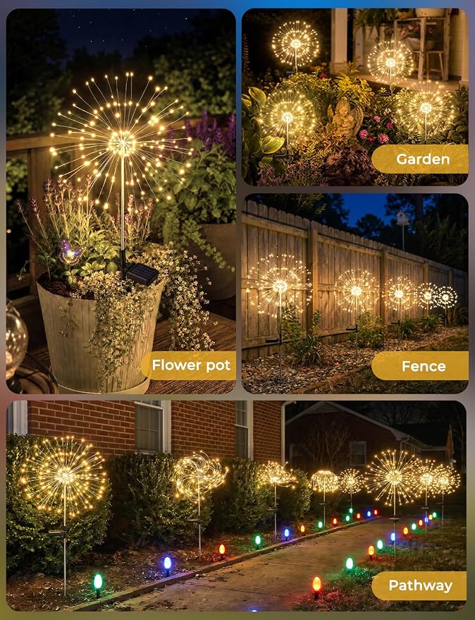 Brightown 150LED Solar Garden Lights Outdoor, 8 Modes 2 Pack Firework Fairy Lights for Outside Decorative, Solar Powered Stake Flowerbed Planter Decorations for Yard Pathway Patio Christmas,Warm White
