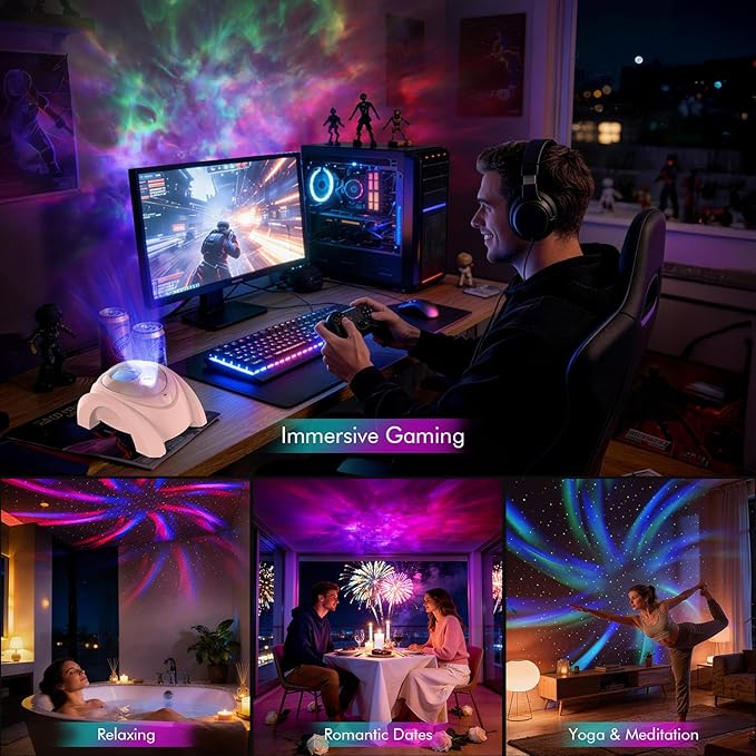 Rossetta Dual Lens Galaxy Projector, Star Projector for Bedroom with White Noise & Bluetooth Speaker, Remote, Timer, Aurora & Nebula Night Light Projector for Room Decor, Gifts for Kids Adults Teens