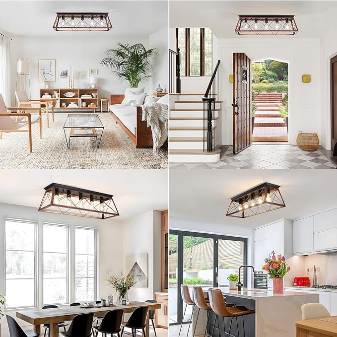 31.5" Flush Mount Ceiling Light, 5-Light Industrial Vintage Chandelier with Matte Black & Brushed Bronze Finish, Large Close to Ceiling Lighting for Dining Room, Kitchen Island, Living Room, Hallway