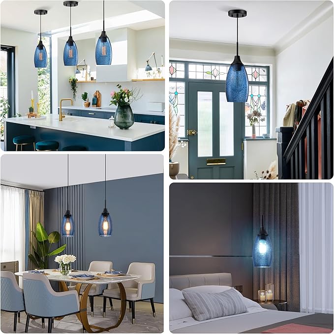 Viinew Mini Glass Pendant Light,4.72" Dark Blue Glass Hanging Light 3-Pack Handblown Clear Blue Seeded Shade Adjustable Cord Ceiling Light Fixture for Kitchen Island Sink