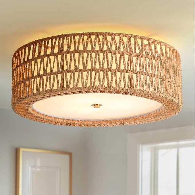 Modern Flush Mount Ceiling Light, 4-Light Boho Rattan Light Fixture Large Gold Ceiling Light Bedroom Light Fixtures for Living Room Dining Room Kitchen Foyer