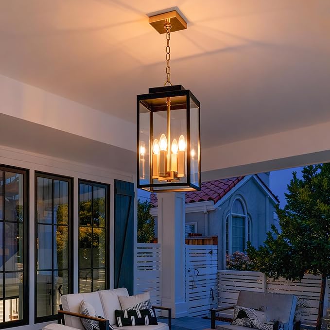 MELUCEE Large Outdoor Lantern Pendant Lights Outdoor Chandelier Black Brass, 4-Light Farmhouse Pendant Light Exterior Ceiling Mount Hanging Lantern with Clear Glass for Porch Entrance Gazebo