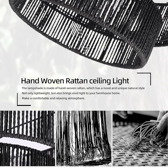 15.7'' Black Boho Light Fixtures Ceiling Mount Coastal Hemp Rope Semi Flush Mount Ceiling Light Fixture 3-Light Rattan Light Fixtures with 2-Tier Drum Shade for Dining Room Kitchen Entry