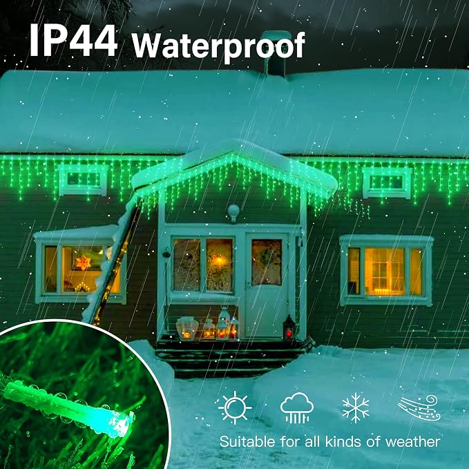 Hopolon Green Christmas Icicle Lights, 33FT 360 LED 60 Drops | Waterproof connectable curtain string lights with 8 modes and memory, for outdoor St. Patrick’s Day, party, holiday decor
