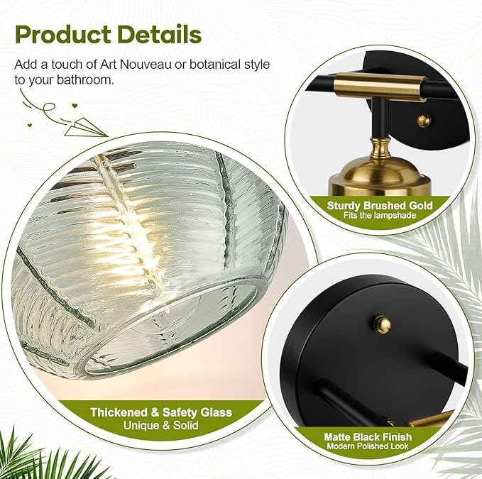 MOKATNG Bathroom Light Fixtures, 3-Light Green Vanity Lights with Unique Leaf Texture Glass Shade, Modern Matte Black and Gold Bathroom Wall Lamp for Mirror Hallway Cabinet Living Room