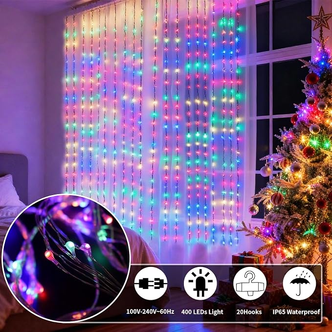 YoungPower Multicolor Led Curtain Lights, 400 LED 8 Lighting Modes Fairy Light, IP65 Waterproof for Bedroom Party Christmas Wedding Garden Home Wall Decor
