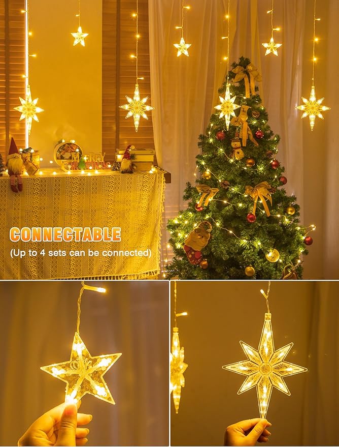126 LED Star Icicle Lights,7.8ft Connectable Window Curtain Lights Plug in,8 Lighting Modes Timer Bethlehem Star Christmas Light for Indoor Outdoor,Bedroom,Wedding,Ramadan Decor,Warm White