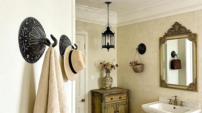 5.51" All Copper Ceiling Cover Plate, Heavy Duty Retro Black & Gold Solid Brass Carved Chandelier Ceiling Canopy Base, Light Canopy Kit, Chandelier Parts with Dual Ceiling Hooks for Light(Open/Closed)