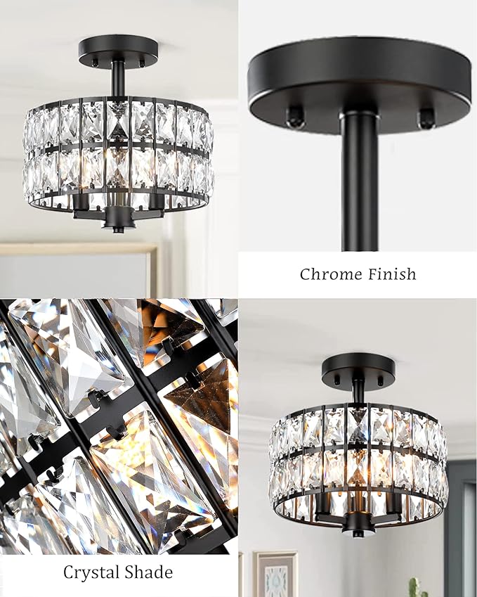 CALDION 11" Crystal Ceiling Light Fixture, 3-Light Semi Flush Mount Ceiling Lights, Modern Chandelier with Black Metal Finish for Bathroom, Dinning Room, Hallway, Bedroom, 6869SM-BK-3
