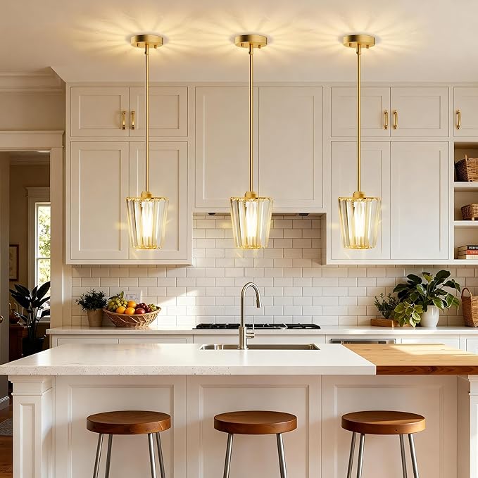 Crystal Pendant Lights Kitchen Island 3 Pack, Modern Gold Pendant Light Fixtures Mini Adjustable Chandeliers for Kitchen Island Dinning Room Bedroom Hallway with E26 Base (Bulbs Not Included)