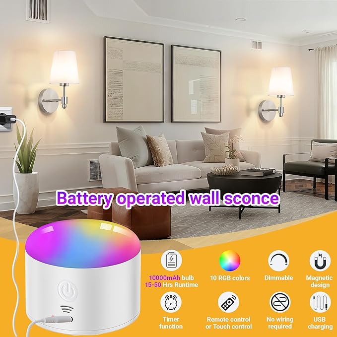 YHCDLAMP Battery Operated Wall Sconces Set of Two, Rechargeable Wireless Wall Lights with 10000mAh RGB Dimmable Detachable Bulb, Battery Sconces Wall Decor with Remote for Bedroom Living Room Hallway