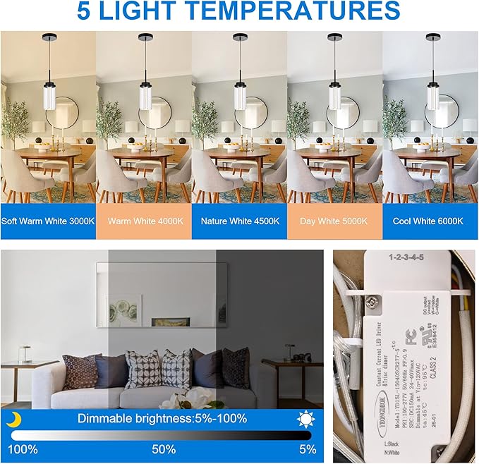 MELUCEE 3 Packs Modern LED Pendant Light Fixtures 5 Color Temperature Pendant Lights Kitchen Island Lighting Adjustable Height Black Hanging Ceiling Lamp for Dining Room Bedroom, 3000K-6000K