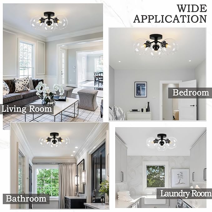 KoKo&Yukina 3-Light Mid Century Modern Black Semi Flush Mount Ceiling Light Globe Sputnik Chandelier Fixture Clear Glass Globe Ceiling Lights for Bedroom Living Room Hallway Entryway Foyer