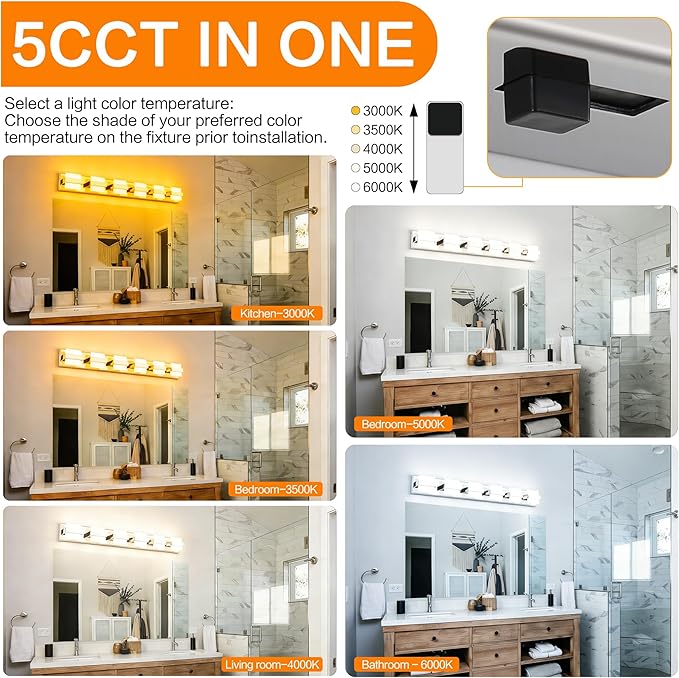 SOLFART 6-Light Bathroom Vanity Lights Above Mirror, Chrome Light Fixtures for Bathroom, LED Vanity Lighting,5 Color Temperature Adjustable,Bath Lighting Fixture Nickel