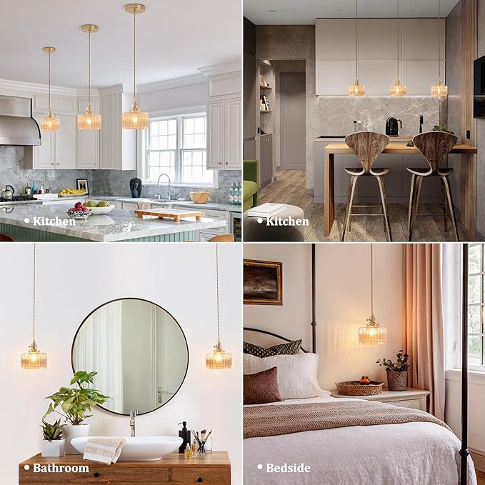 Shenmoyl Pendant Light with Amber Striped Glass Lmapshade, Brass Vintage Pendant Light Adjustable Hanging Light for Kitchen Island Dining Room Hallway