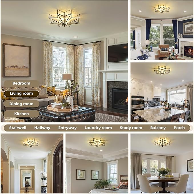 Star Vintage Bronze Ceiling Light - 19.7 in Large Hammered Glass Antique Flush Mount Fixture - Mid Century Black Art Deco Lighting for Kitchen Hallway Bedroom Bathroom Laundry Entryway Farmhouse Hall