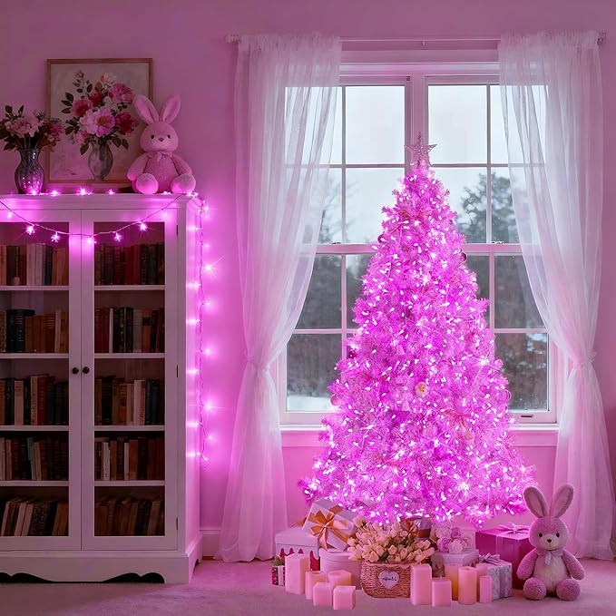 JMEXSUSS Connectable 100 LED Pink Christmas Lights, 33ft 8 Modes Room Lights Clear Wire, Plug in Pink String Lights Indoor Outdoor for Room Decor Christmas Tree Bedroom Valentines Party