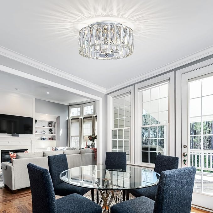 Crystal Ceiling Light, 3-Light Modern Flushmount Ceiling Light for Living Room, Dinning Room Hallway, D12xH9inch, Chrome Finish Frame & K9 Crystal