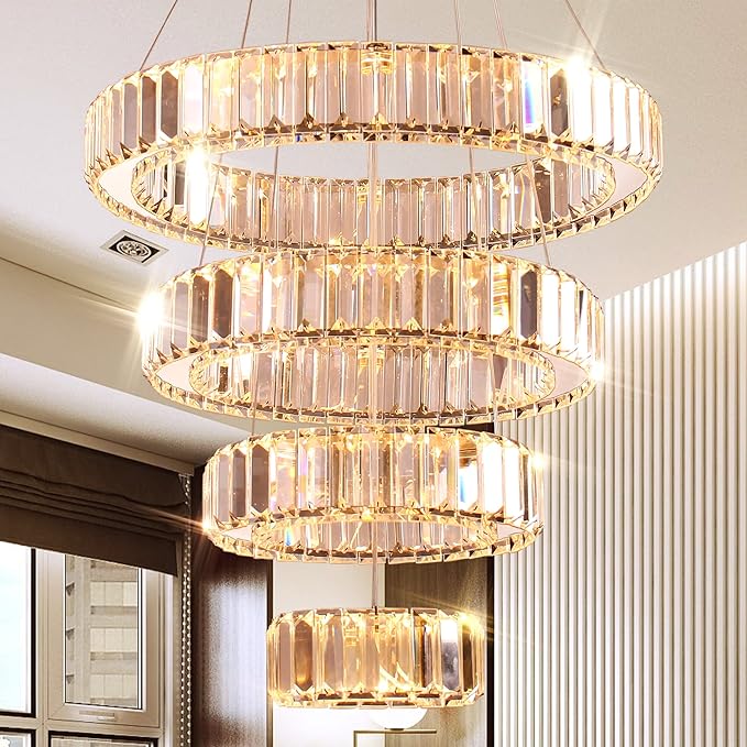 4 Rings LED Chandelier for Dining Room, Modern Crystal Chandelier Pendant Light High Ceiling Chandeliers for Bedroom Living Room Dining Room Warm White