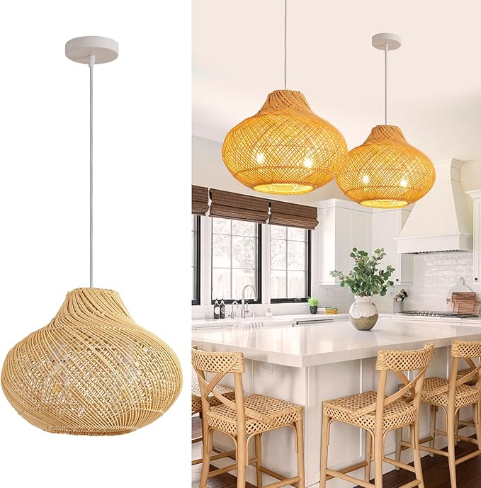 2-Light Rattan Pendant Light,14.96" Hanging Light,Round Wicker Pendant Light Hand-Woven Rattan Chandelier for Workplace Dining Living Bedroom Kitchen Farmhouse 1-Pack