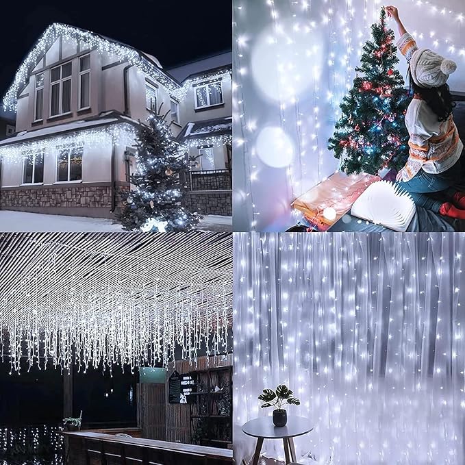 KiflyTooin Solar Christmas Lights Outdoor Waterproof Christmas Decorations Curtain Lights 320LED 29.5ft 60 Drops, Solar Powered Rechargeable Fairy Lights for Party, Wedding, Home Decorations(White)