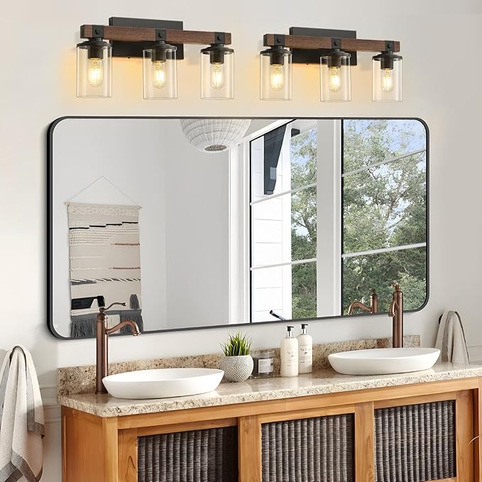 GoYeel Bathroom Light Fixtures Over Mirror, Black Farmhouse Vanity Light Rustic Vintage Wood Bathroom Wall Light Fixtures 3 Light with Clear Glass Shade for Bedroom Hallway
