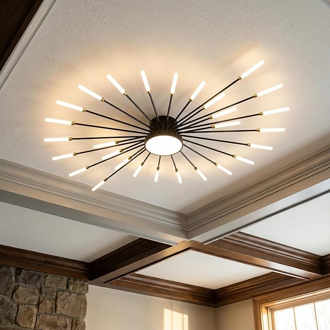 Modern Ceiling Light LED Flush Mount Ceiling Light for Living Room,Kitchen,Dining Room,Bedroom Fireworks Design Dimmable with Remote Control & Memory Function Lighting Fixture (Black,28 Light)