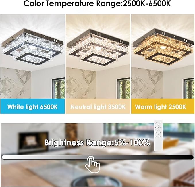 Dimmable Crystal LED Flush Mount Ceiling Light, 11.8"×9.1" Rectangular Close to Ceiling Chandelier, 24W K9 Crystal & Stainless Steel, Remote & App Control, 2700–6500K CCT for Bedroom Living Room