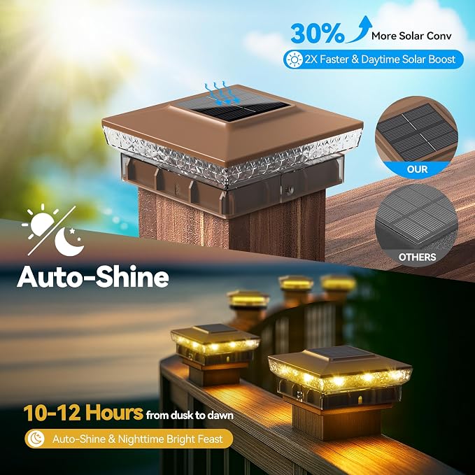 Solar Post Cap Lights, 6-Pack Upgraded Outdoor Deck Fence Post Solar Lights for 4x4 5x5 Wood/Vinyl Posts, IP65 Waterproof, 10-12 Hours Warm/Cool White Glow for Garden/Patio/Porch - Brown