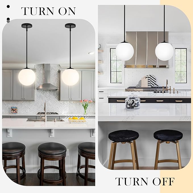 Bagood 8" Globe Pendant Light Black 2 Pack Mid Century Pendant Light Globe Pendant Lights Kitchen Island Matte Black Finished with Milk Glass Adjustable Ceiling Light Fixtures for Dining Room Bar
