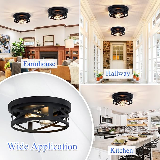 Flush Mount Ceiling Light Fixture,Black 2-Light Hallway Light Fixtures Ceiling,Light Fixtures Ceiling Mount for Farmhouse,Kitchen,Hall,Bedroom,Bathroom (2 Pack)