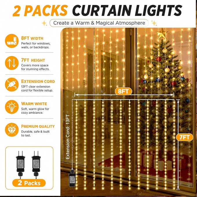 2 Packs LED Curtain String Lights 8FT * 7FT Plug in Waterproof Window Fairy Lights with 210 LEDs, Twinkle Indoor String Light for Bedroom Wedding Party Outdoor Christmas Decor, Warm White