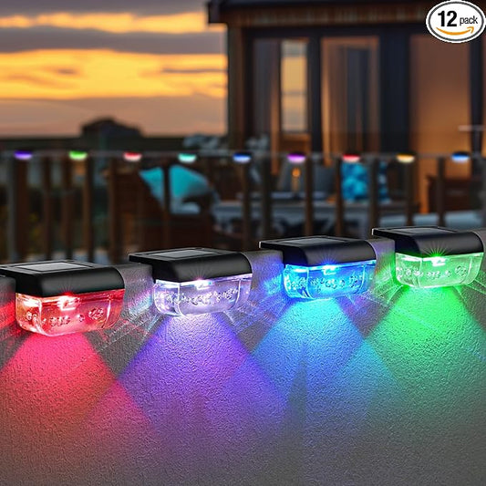 Herzila 12 Pack Solar Deck Lights, RGB Color Changing Christmas Solar Fence Lights, Waterproof Step Lights for Outside, Step, Fence, Deck, Stair, Pool and Yard