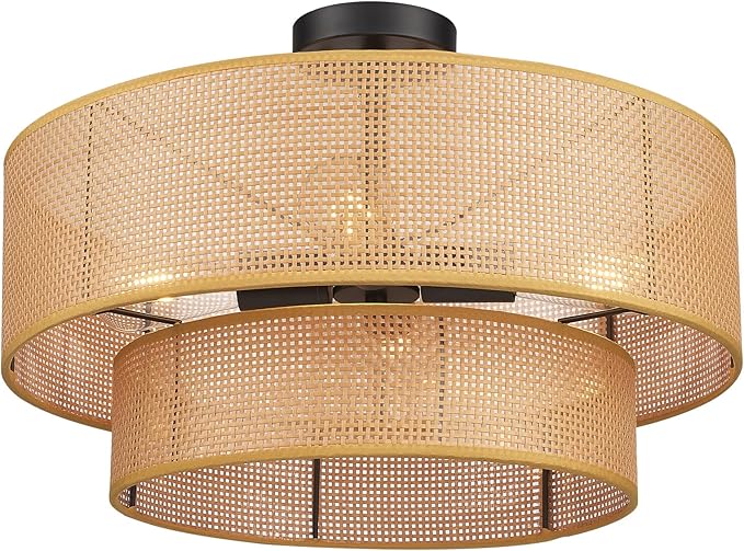 Hamilyeah 20 inch Boho Flush Mount Ceiling Light Fixture Double Layer, Drum Light Fixture Ceiling Mount with Wicker Shade, Bamboo Woven Rattan Lights Ceiling for Living Room, Bedroom, Dinning Room
