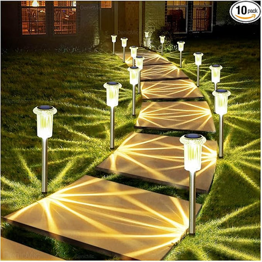 DenicMic Solar Lights Outdoor 10 Pack Waterproof 3000K Warm White LED Stainless Steel Stake Outside Lights for Yard Pathway Garden Driveway Walkway Landscape Path Lighting