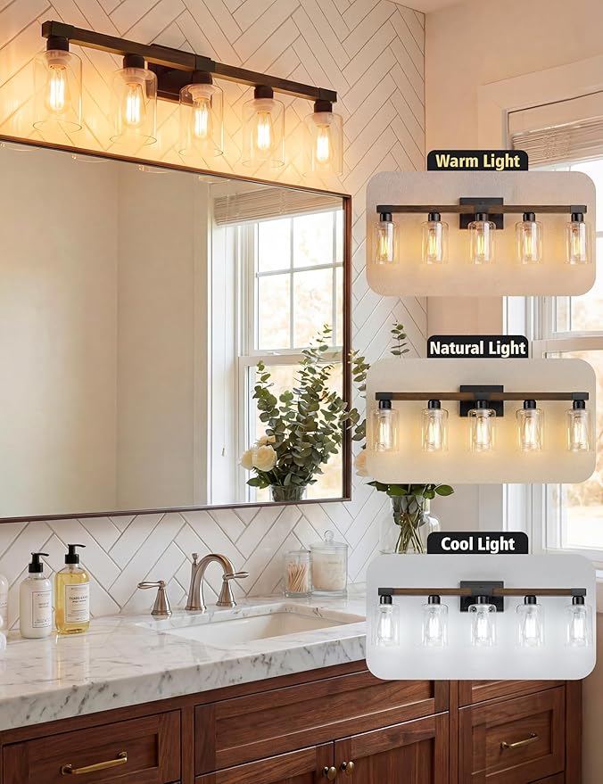 VOLISUN Farmhouse Bathroom Light Fixtures, 5 Light Bathroom Vanity Lights Over Mirror, Rustic Vanity Light for Bathrooms,Wood Bathrooms Lights Fixtures Over Mirror-UL Certificated