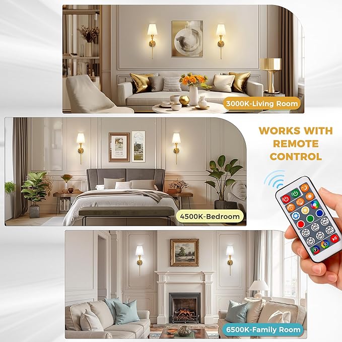DORESshop Battery Operated Wall Sconce Set of 2, Wireless Wall Light Easy to Install, 15 Color Rechargeable Wall Sconces, Sconce Wall Decor Set of 2 for Bedroom, Living Room, Gold, 24.6in