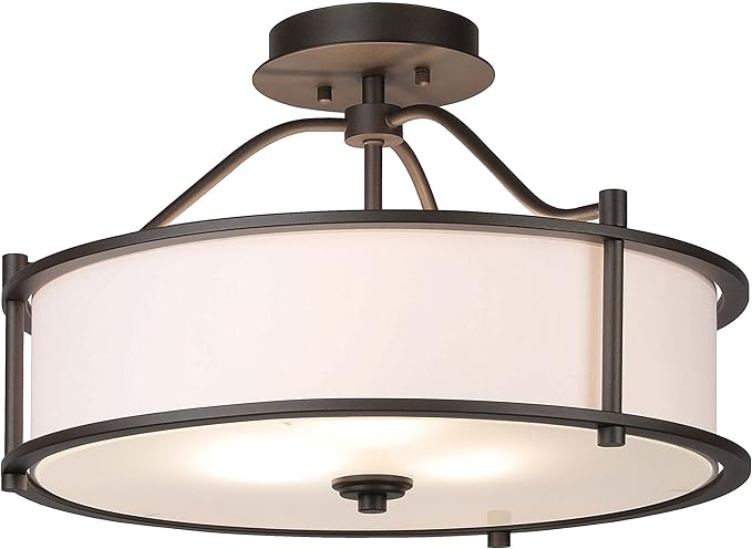XiNBEi Lighting Semi Flush Mount Ceiling Light 18 Inch 3 Light Close to Ceiling Light with Fabric Shade and Frost Glass Diffuser in Dark Bronze Drum Semi Flush Light XB-SF1199-DB