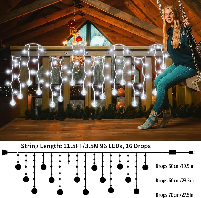 Christmas Globe Curtain String Lights 11.5ft 96LED Globe Crystal Ball Fairy Lights,Shatterproof Crystal Crackle Globe Window Lights W/Plug-in for Christmas Decoration Indoor Outdoor Bedroom