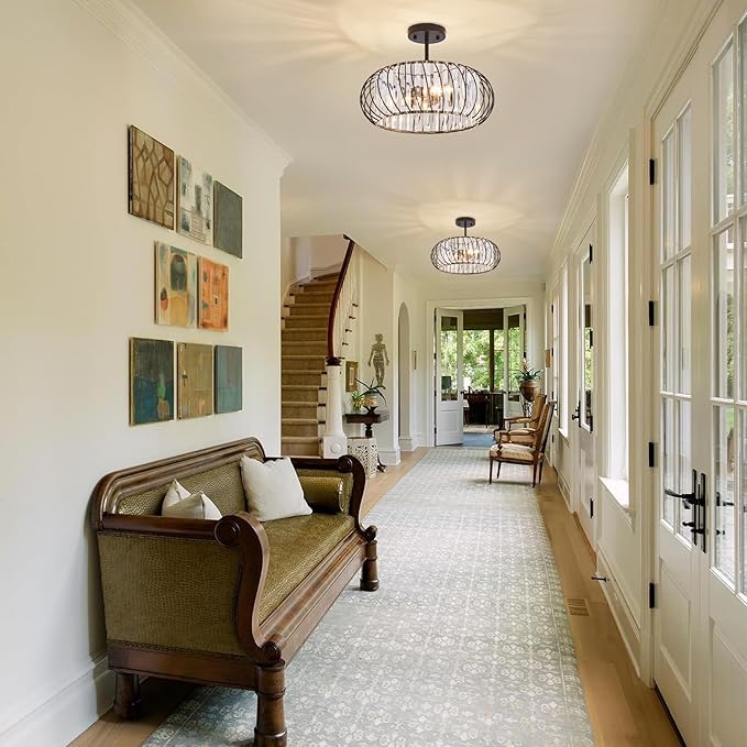 Semi Flush Mount Crystal Ceiling Light, 3-Light 16 Inch Metal Cage Hallway Ceiling Lamps, Farmhouse Ceiling Light Fixture, Industrial Crystal Chandelier for Corridor Bathroom Kitchen (E12 Base)