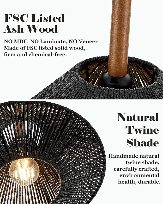 ELYONA 12.6" Modern Pendant Light Fixtures, Black Woven Pendant Light with Solid Ash Wood, Hanging Light for Kitchen Island, Farmhouse Boho Rattan Ceiling Light for Dining Room Bedroom Living Room