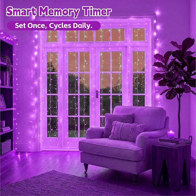 Curtain Light for Bedroom, 200LED 6.6x6.6ft Purple Window Wall Hanging Fairy Curtain String Light, 8 Modes Remote Fairy String Lights Indoor for Wedding Party Home Garden Decorations